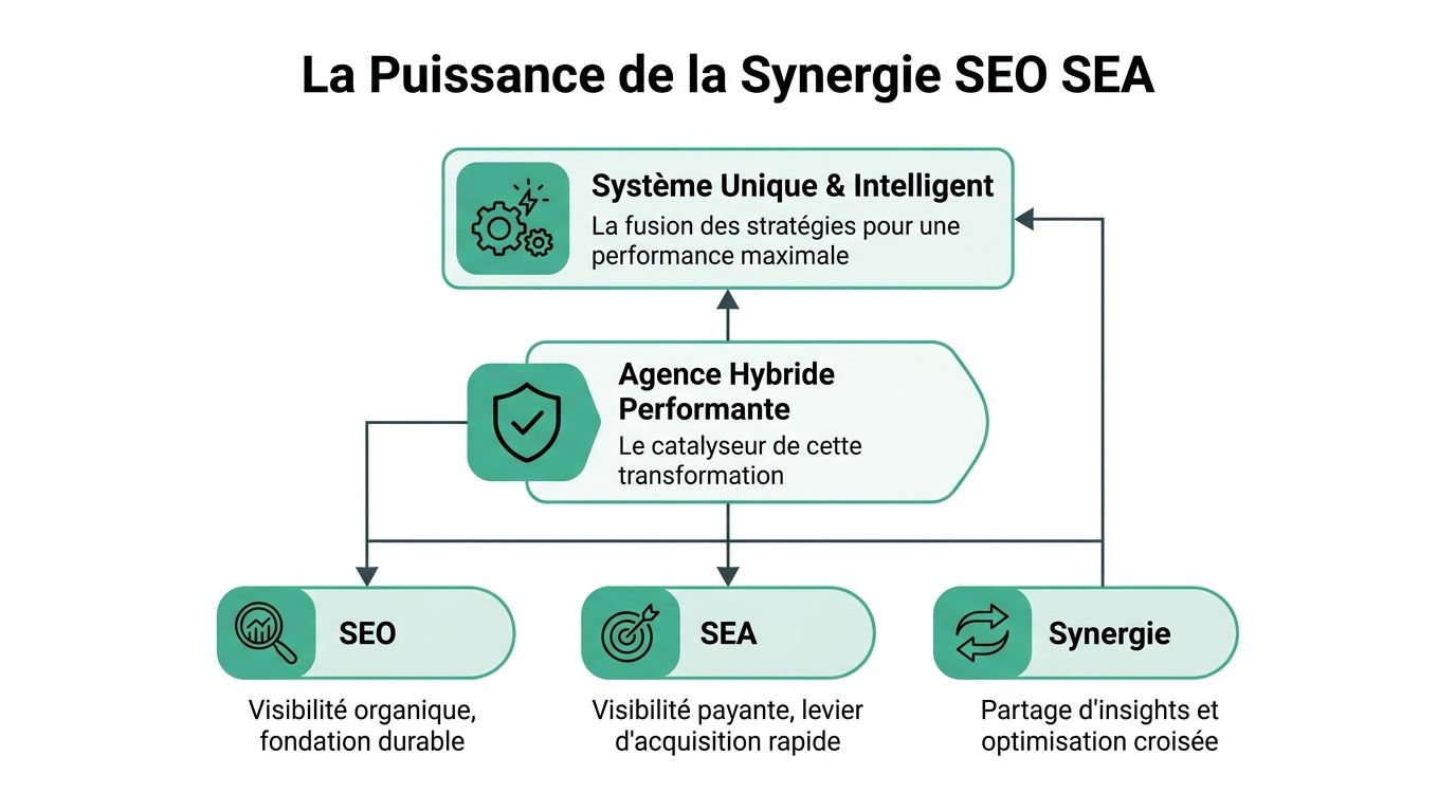 Schéma illustrant la synergie entre le SEO et le SEA pour optimiser la performance globale d'une agence.