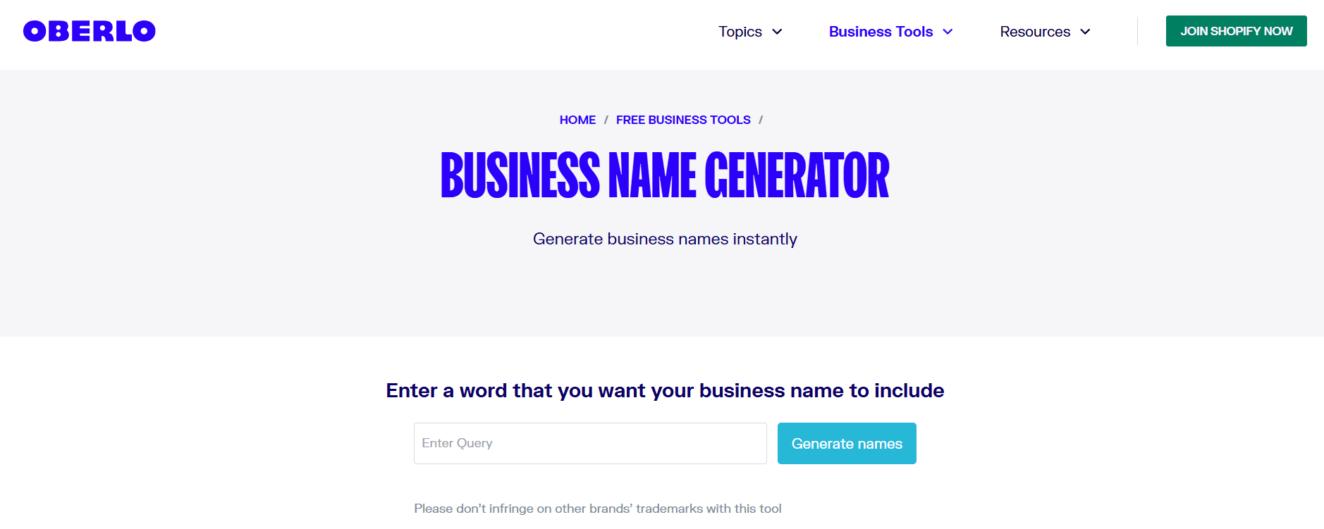 Oberlo Business Name Generator’s homepage