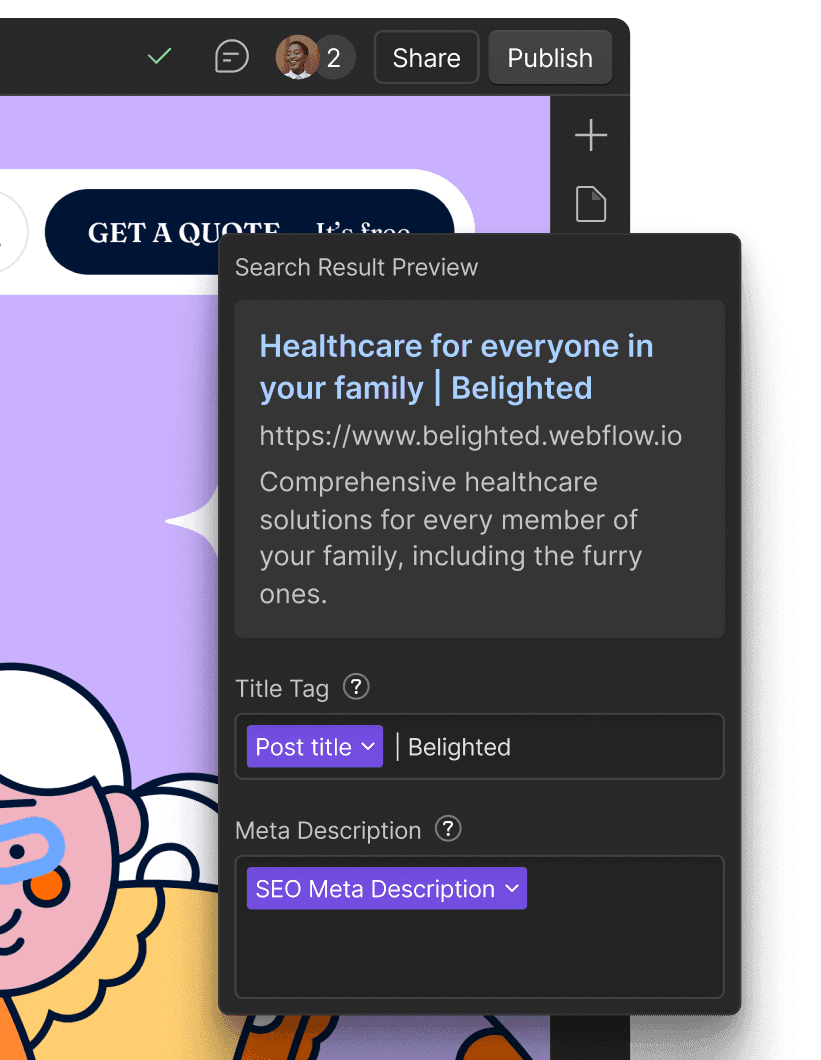Webflow page SEO settings: the Title Tag is bound to a Post title field and the Meta Description to an SEO Meta Description field, under a search result preview