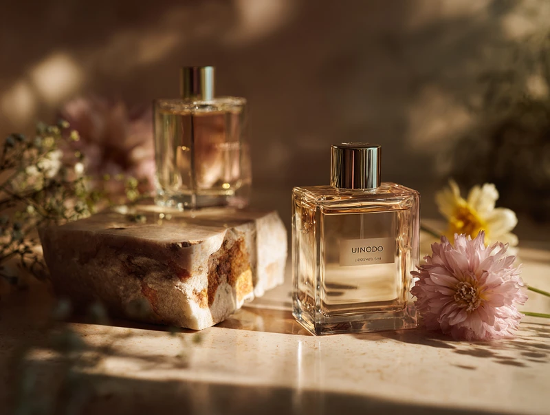 Two perfume bottles arranged with wildflowers and a rough stone block under warm, dappled sunlight on a neutral surface.