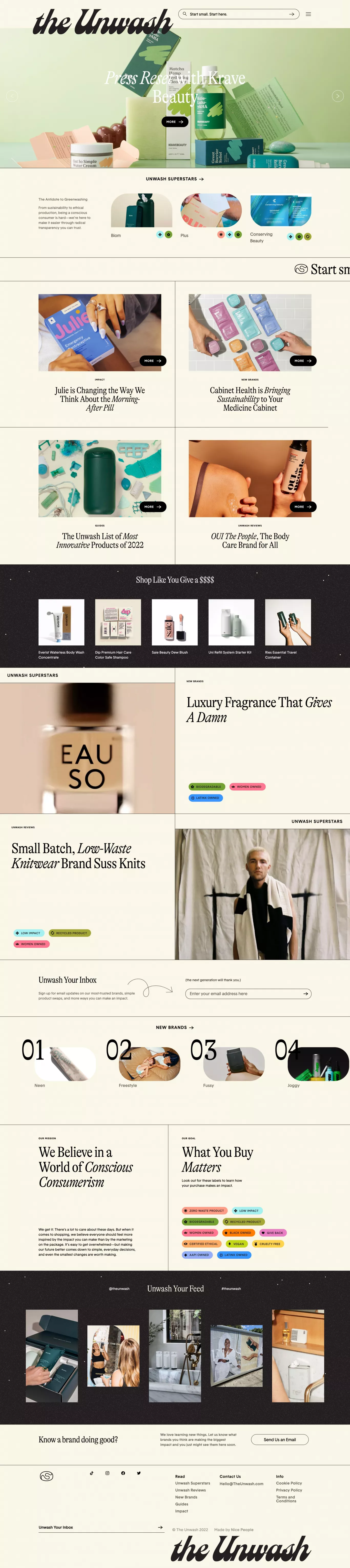 The Unwash landing page screenshot showcasing Beauty and Nature design