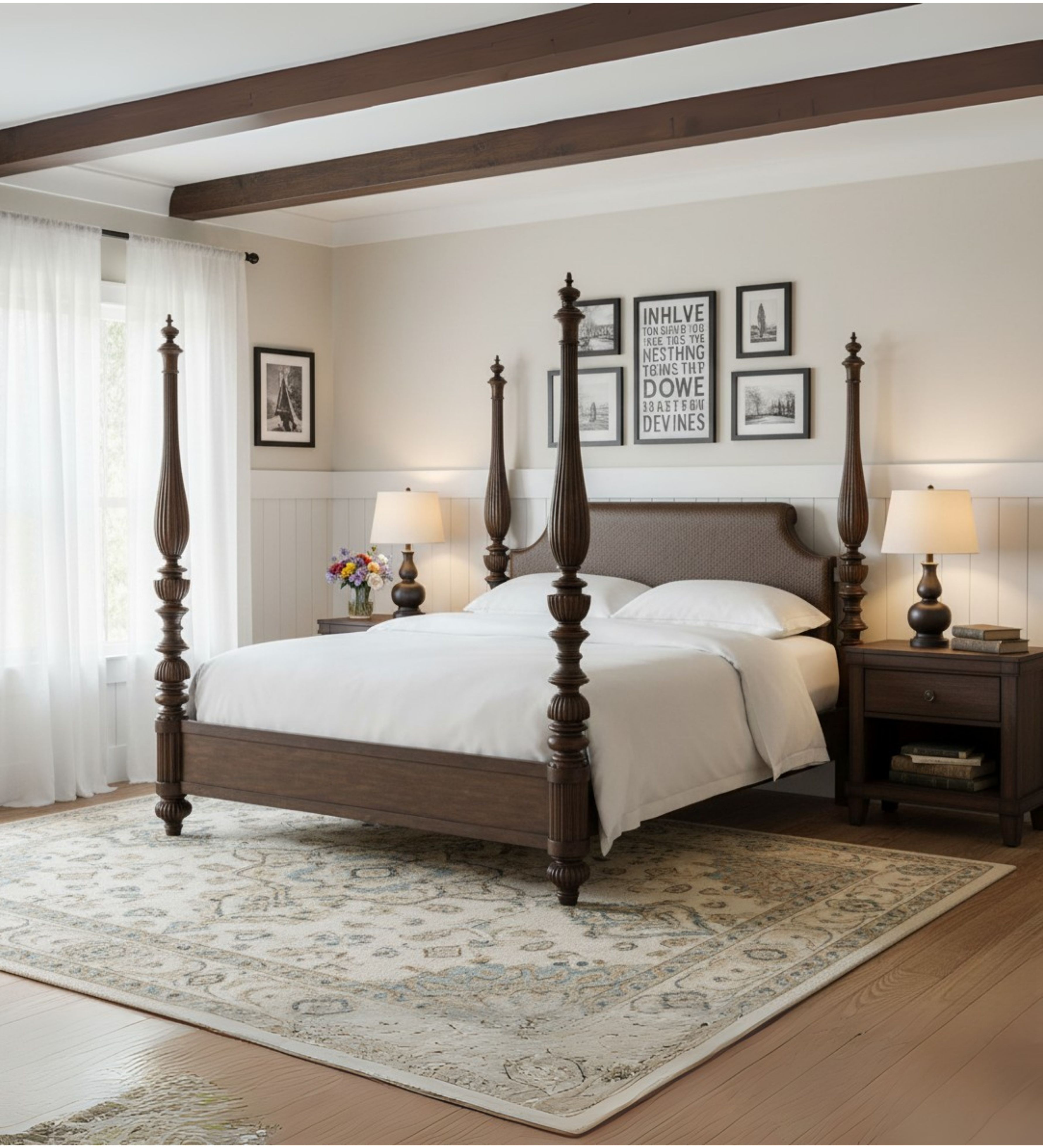 Traditional four‑poster bed with turned wooden posts and solid rails