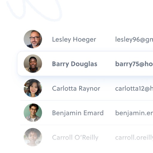 List of names and email addresses: Lesley Hoeger, Barry Douglas, Carlotta Raynor, Benjamin Emard, Carroll O'Reilly.