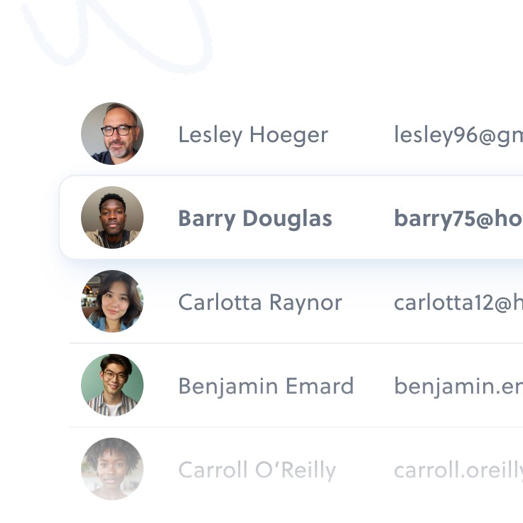 List of names and email addresses: Lesley Hoeger, Barry Douglas, Carlotta Raynor, Benjamin Emard, Carroll O'Reilly.