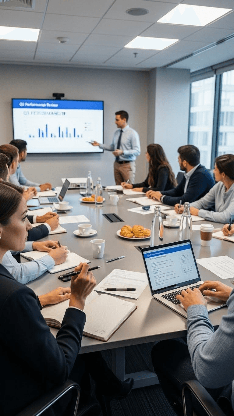 Corporate team meeting discussing data analytics, AI insights, and decision-centric business strategies in a modern office boardroom.