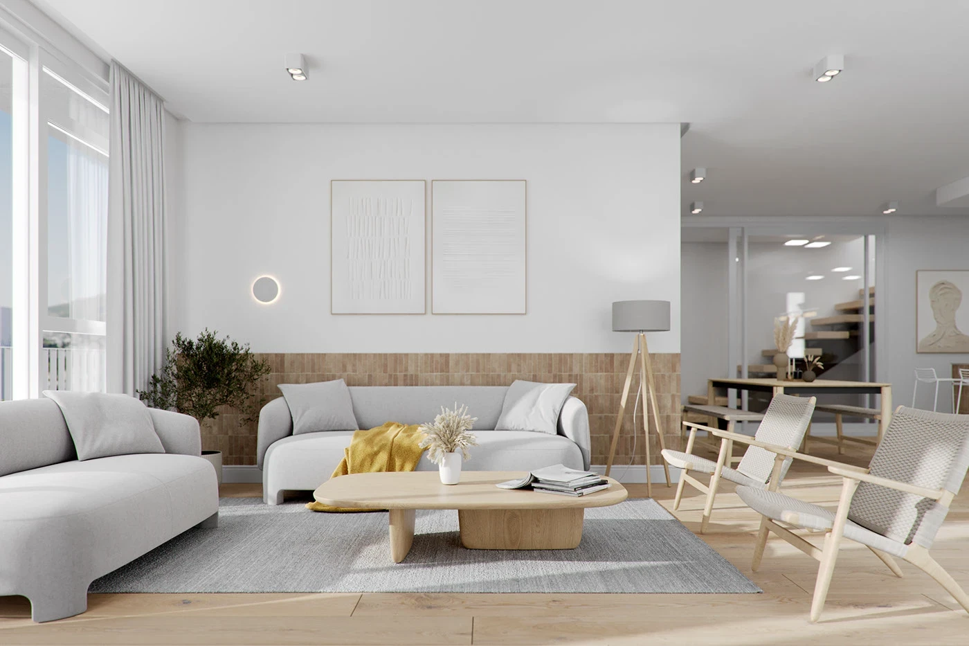 Open-plan kitchen and living area with yellow accent stools, white cabinetry, wooden flooring, and pendant lighting over island