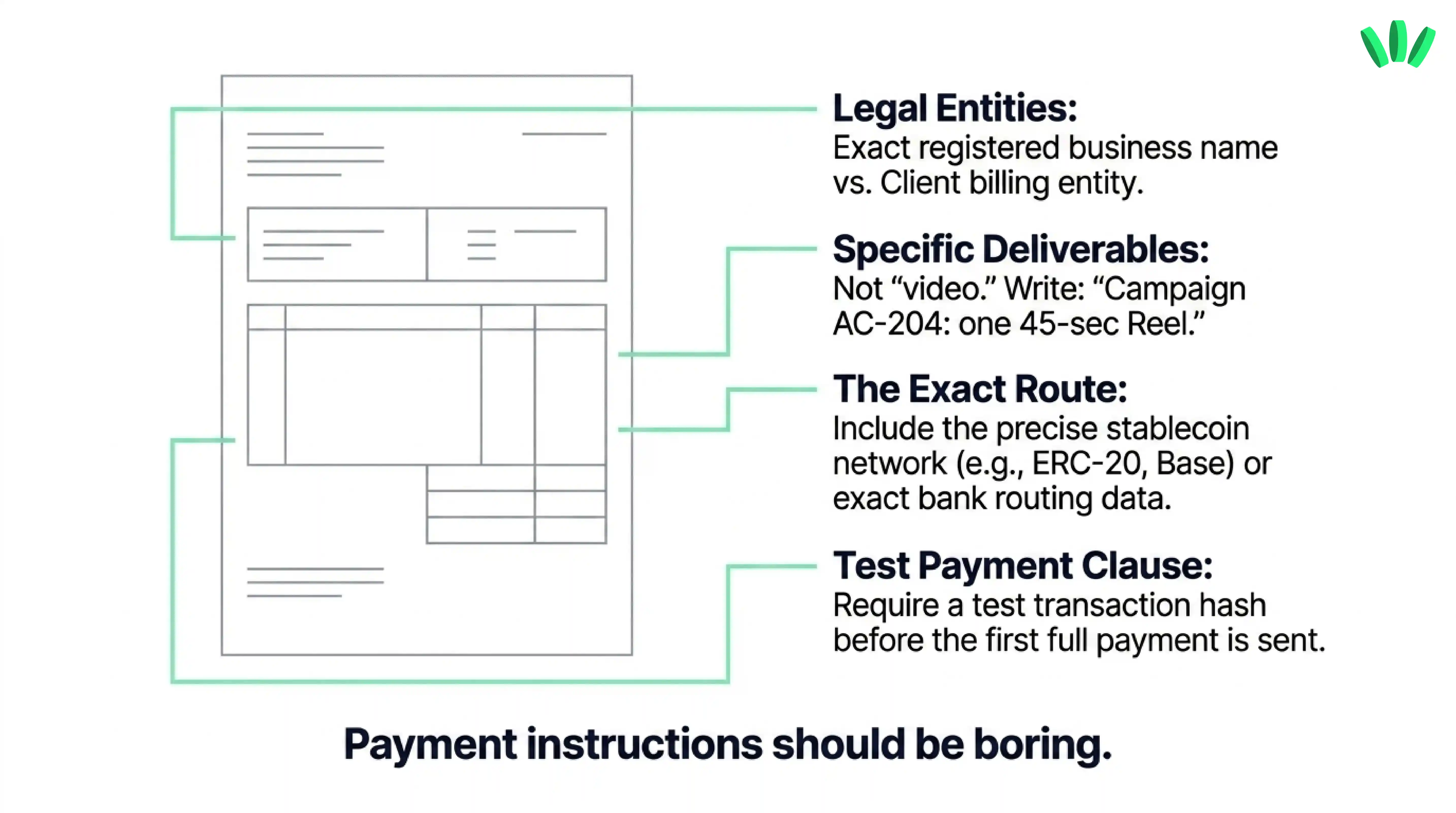 Creator invoice diagram showing legal entity details, specific deliverables, exact payment route, and a test payment clause