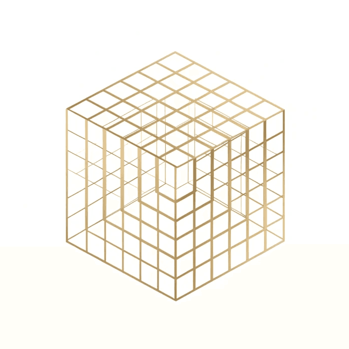 Minimalist arrangement of geometric product mockups in white, black, grey, and orange on a clean white background.