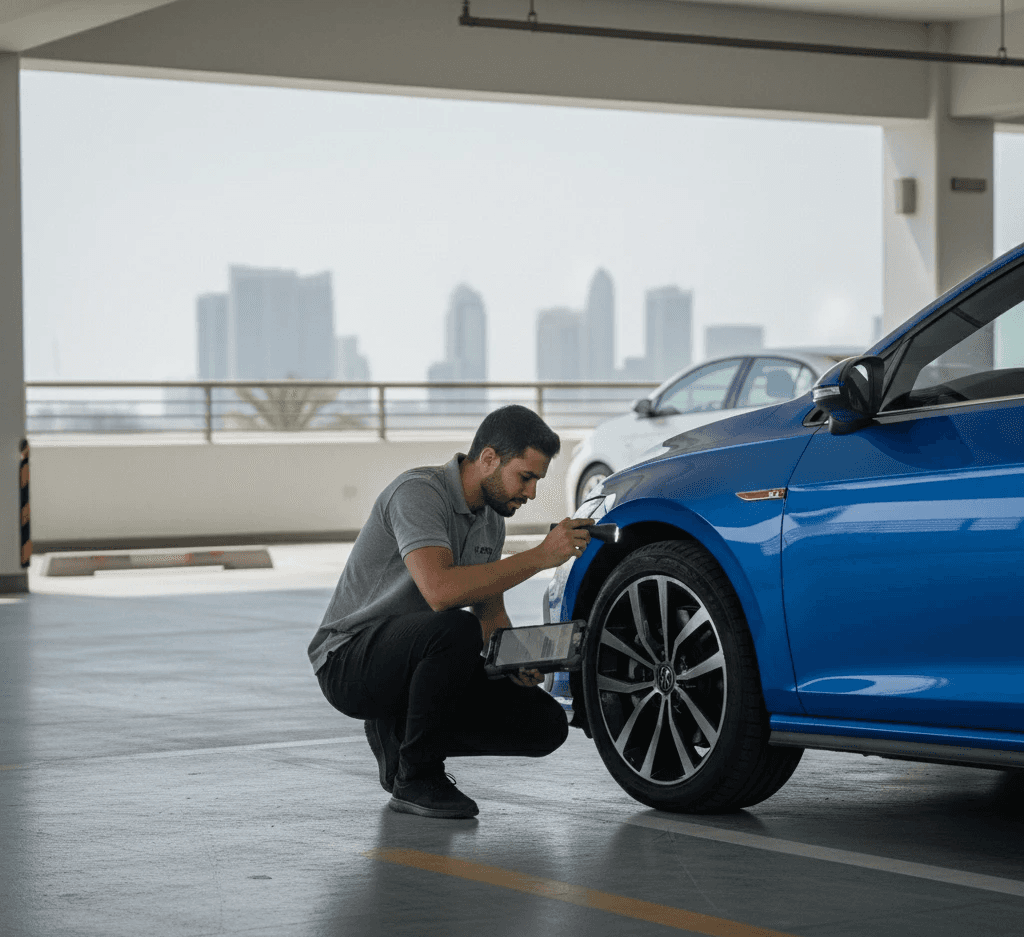 person inspecting car