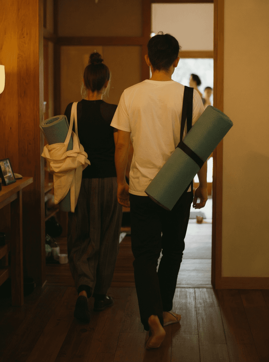 Young Man & women  wearing yoga tools bag