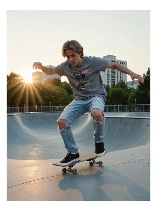 AI TikTok video generator catches golden-hour skateboard trick.