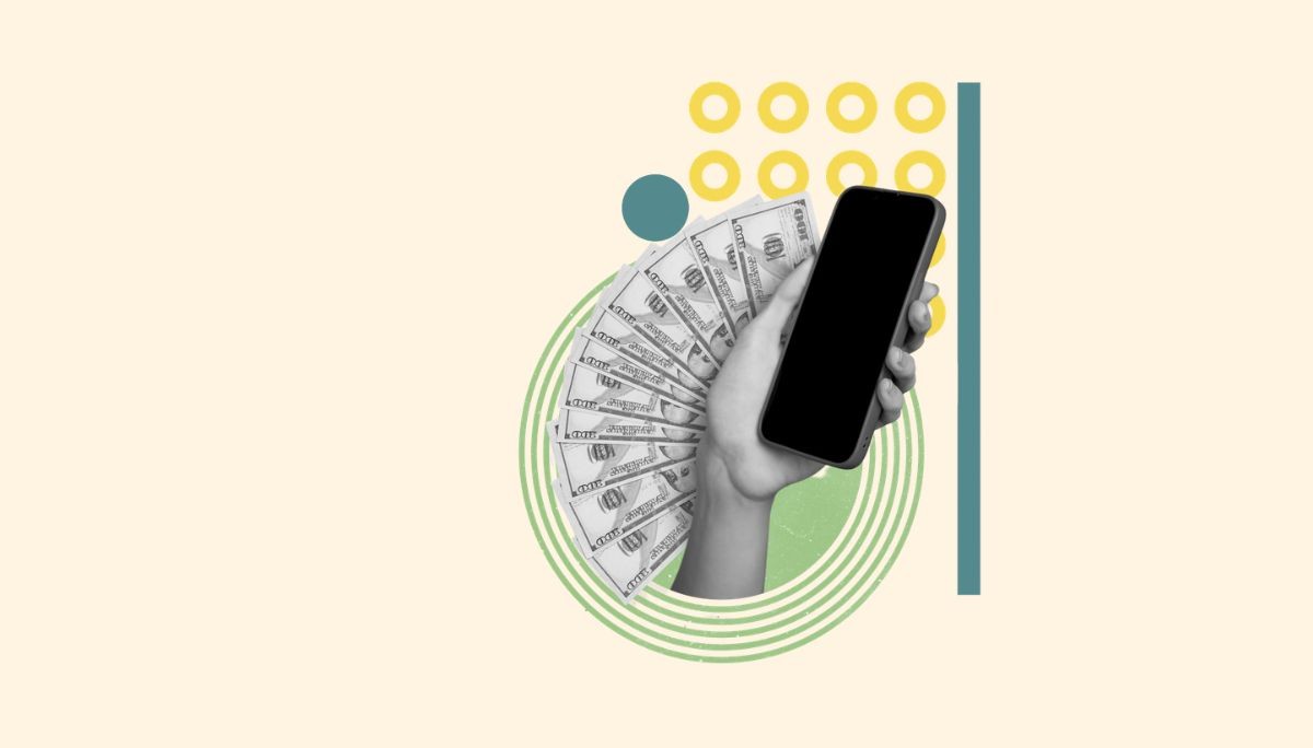 Stylized collage of a hand holding a smartphone with dollar bills behind it, symbolizing mobile app revenue models and monetization strategies.