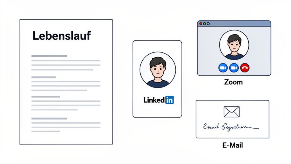 Grafik zeigt Elemente einer Online-Bewerbung: Lebenslauf, LinkedIn-Profil, Zoom-Interview und E-Mail-Signatur.
