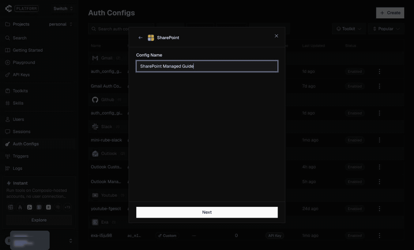 Name the SharePoint managed auth config