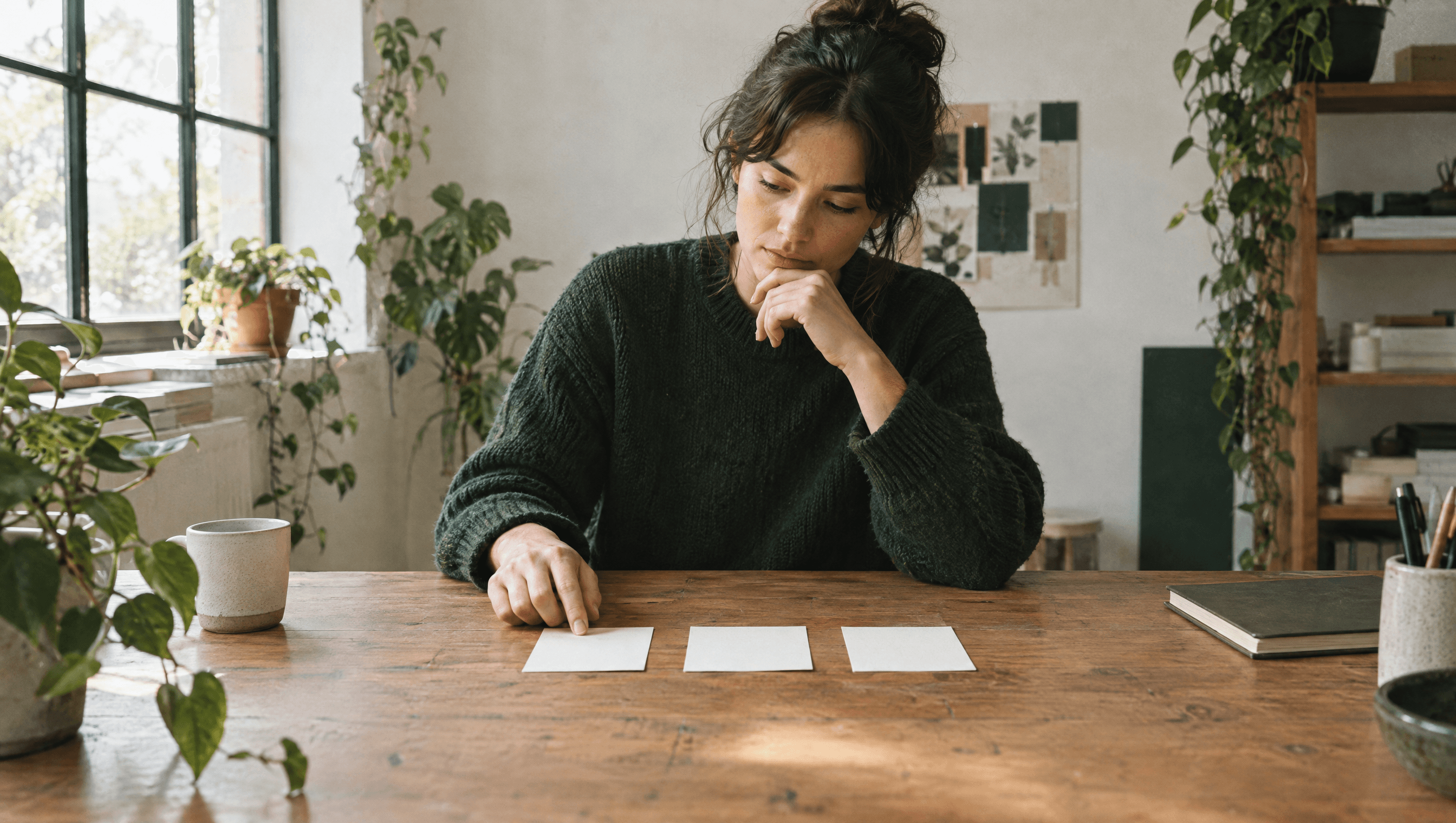 Person choosing one of three blank cards laid out on a wooden table
