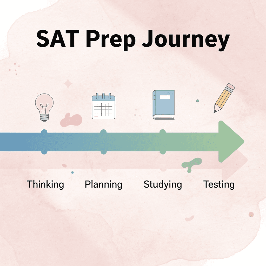 Arrow progression showing SAT prep journey from thinking to testing