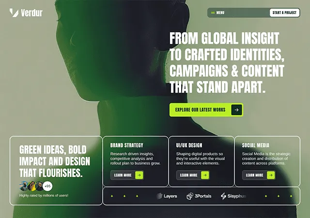Verdur agency website with "From global insight to crafted identities, campaigns & content that stand apart" headline.