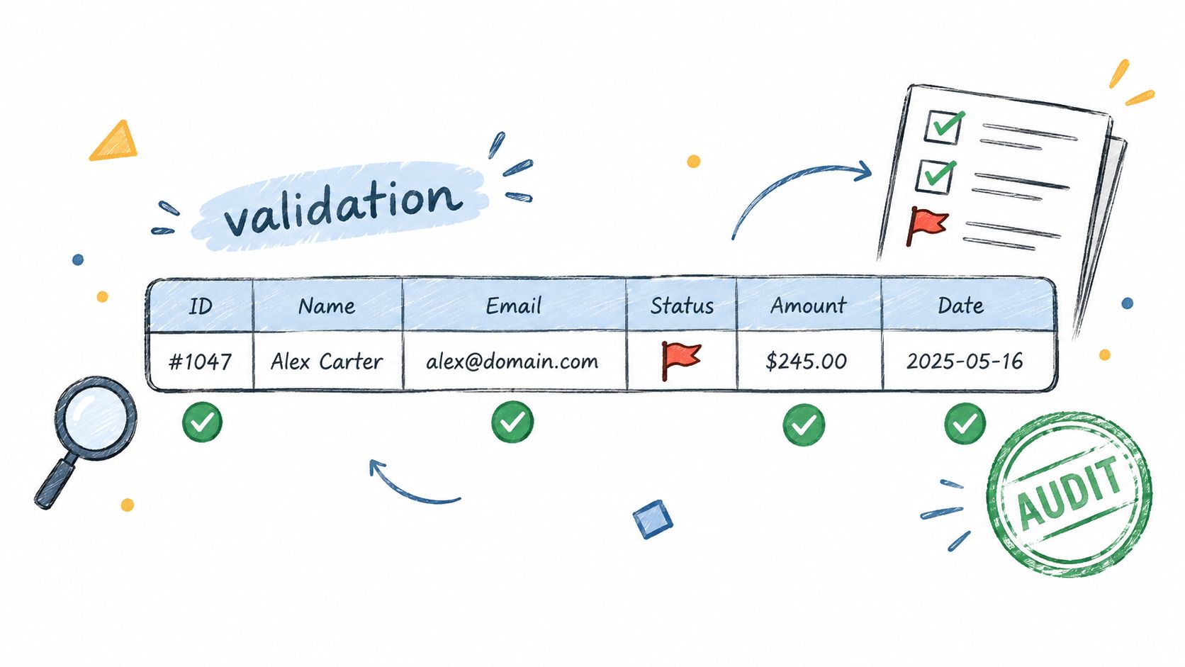 A hand-drawn illustration showing data validation and an audit process for a financial record table.