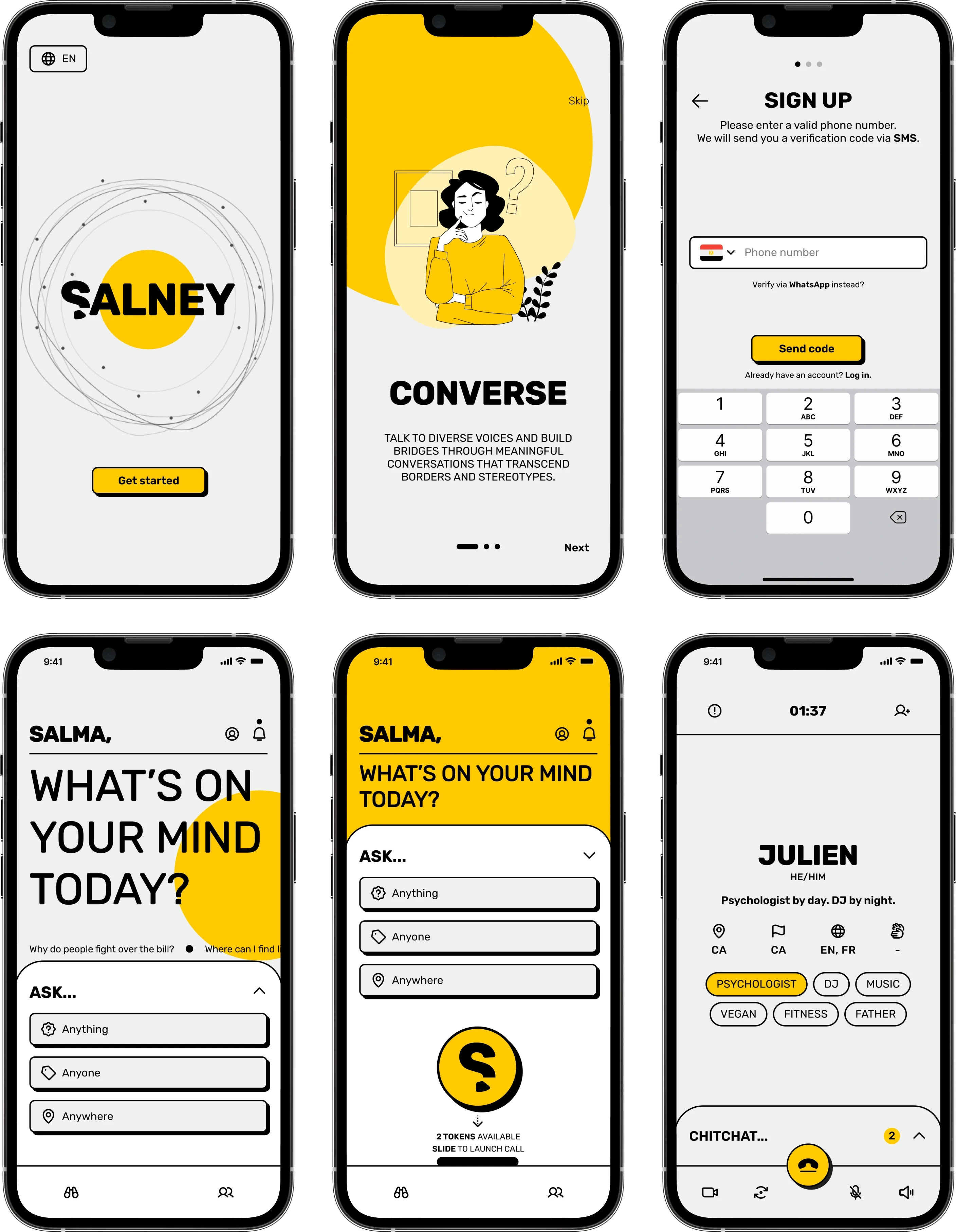 Mockups of the Salney mobile app.