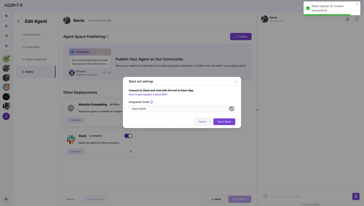 Publish and deploy your agent to Slack or other supported channels.