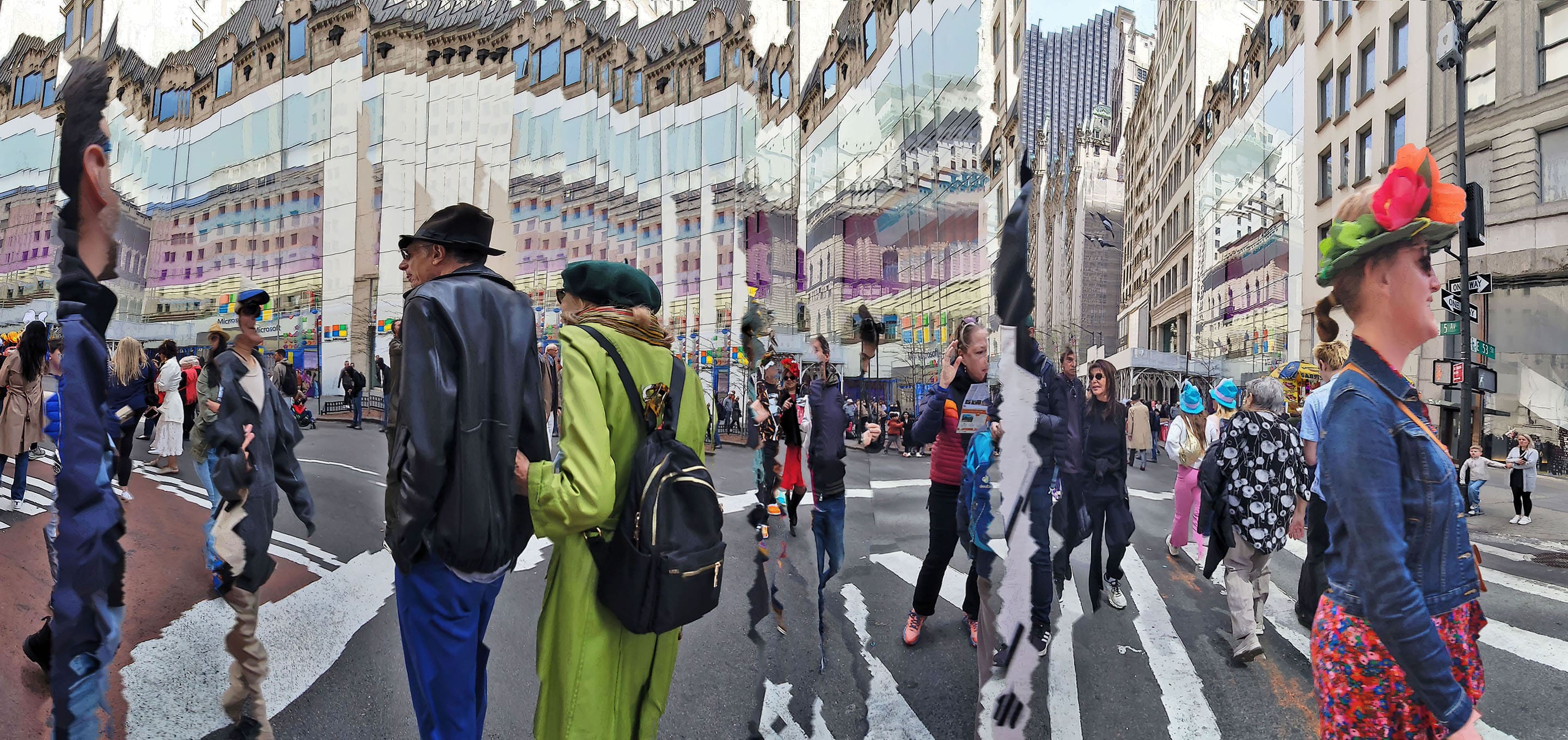 Panoramic photograph of people walking on a city street, with a focus on a woman wearing a colorful hat and another women wearing green coat.