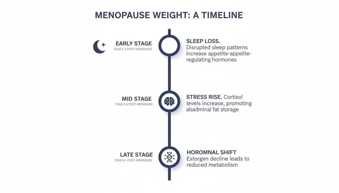 A timeline illustrating how sleep loss, stress, and hormonal shifts influence weight during early, mid, and late menopause stages.