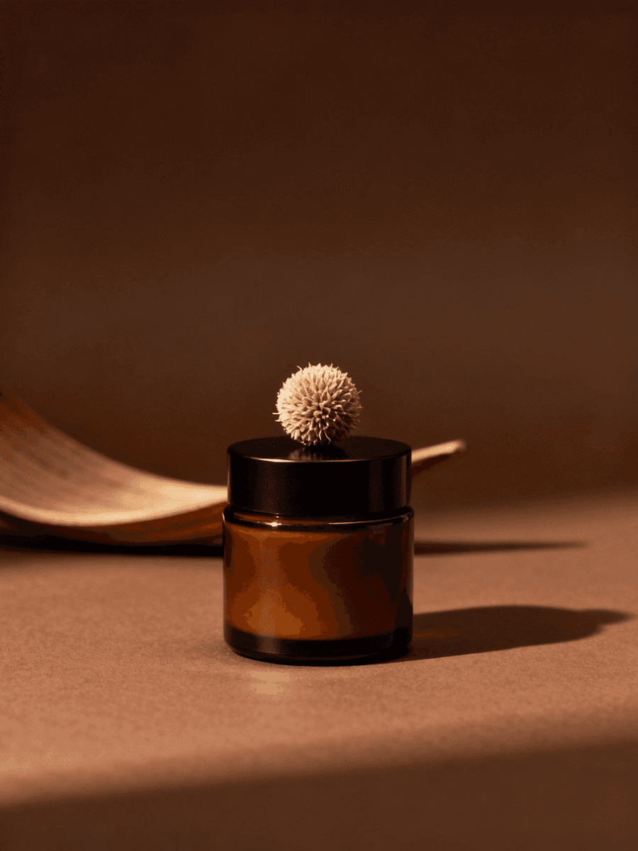 A brown glass jar with a black lid is placed on a brown surface, topped with a textured, spherical decorative element, against a warm, earthy-toned background.