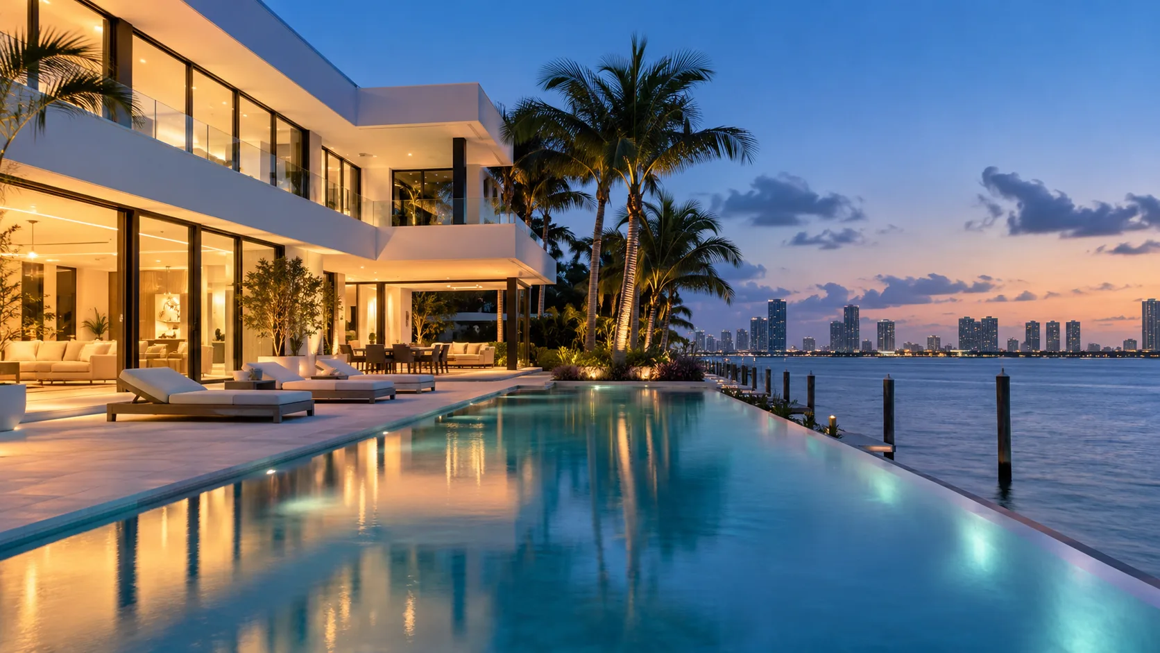 Contemporary waterfront home with a pool at dusk