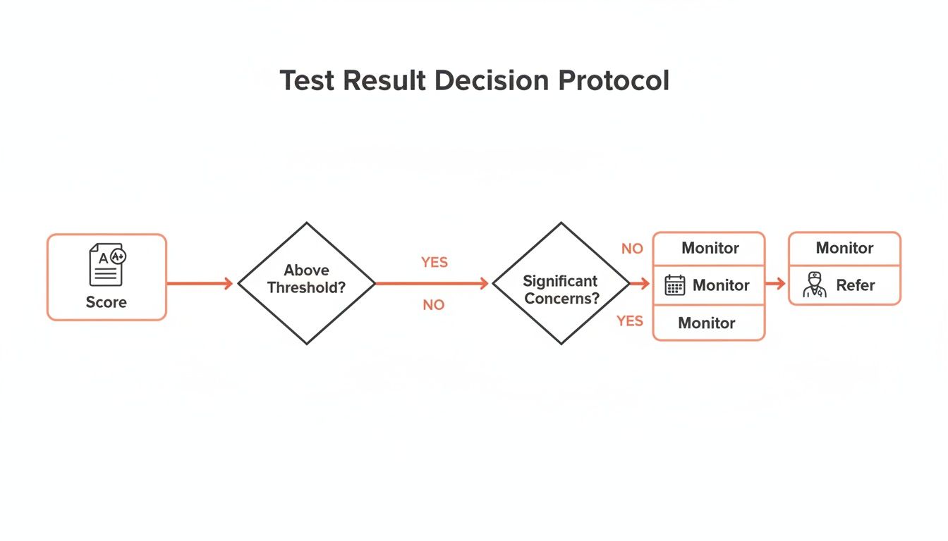 Flowchart showing a test result decision protocol from score to monitor or refer.