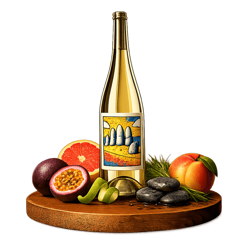 Artistic label and flavor profile for Uruguayan Sauvignon Blanc on a rustic wooden table.