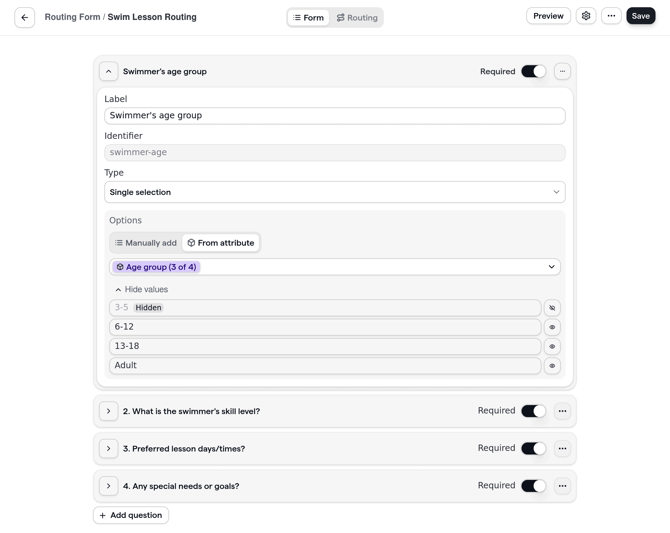 Swim instructor routing form example for booking swim lessons and matching swimmers to the right instructor.