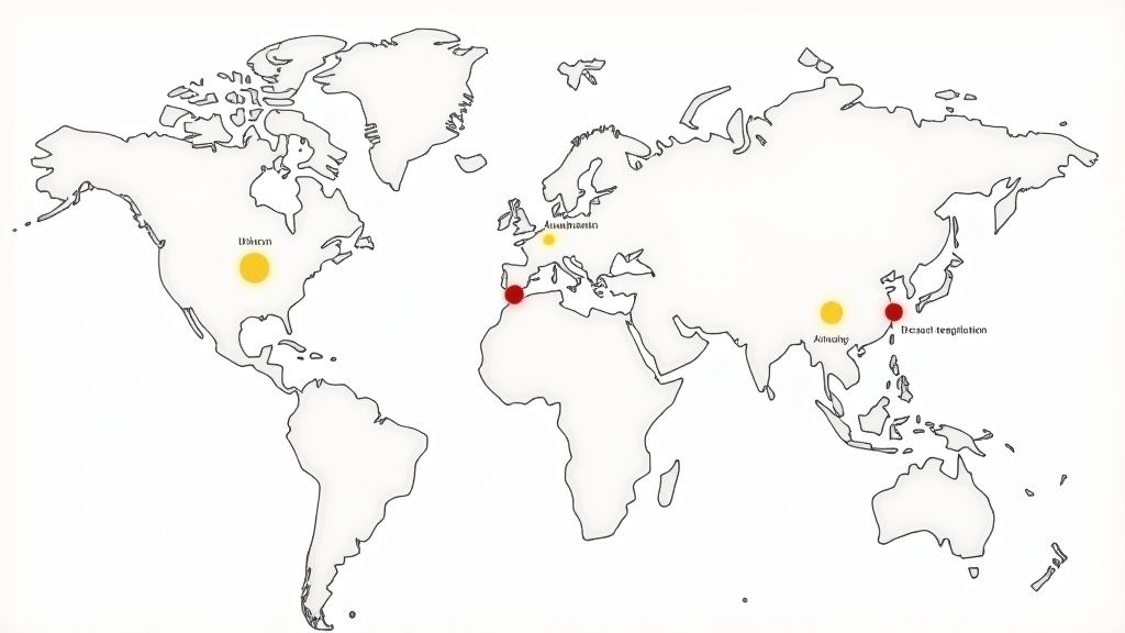 A world map displaying various highlighted locations across different continents.