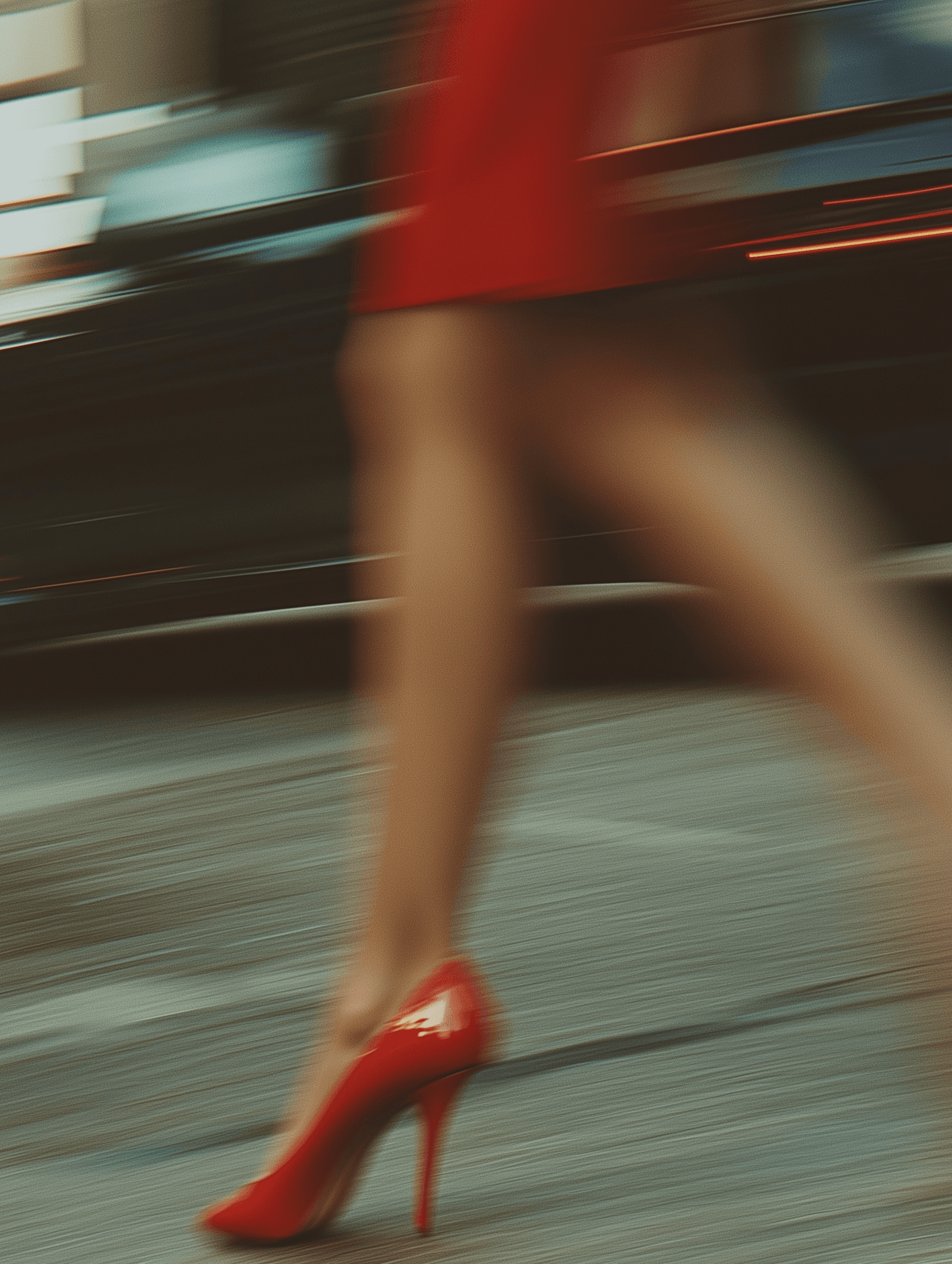 Close-up photo of red high heels walking on the street, with motion blur, with pastel colors.