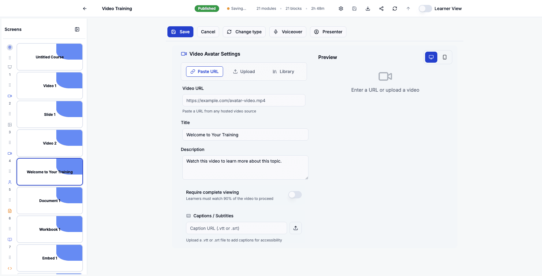 Click Library to choose a different avatar video from your existing content.