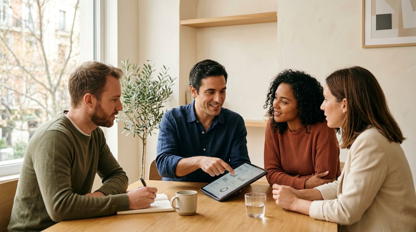 Equipo de cuatro profesionales discute datos en una tableta, planificando estrategias en una mesa de madera.