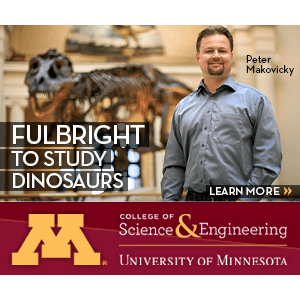 Photo of man with dinosaur bones with text "Fulbright to study dinosaurs"