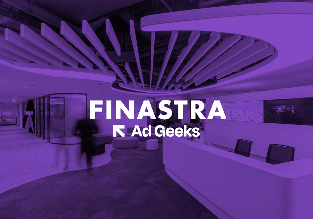 An office interior photo washed in a magenta overlay: a curved reception desk and lounge seating area under a modern ceiling grid, with a blurred figure walking past; “FINA STRA” is printed in bold white across the center, and the GET DV360 logo sits below.