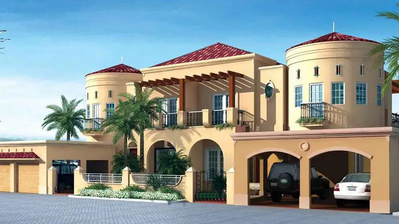 Luxury villa with traditional design and palm trees in Saih Shuaib 2, UAE real estate.