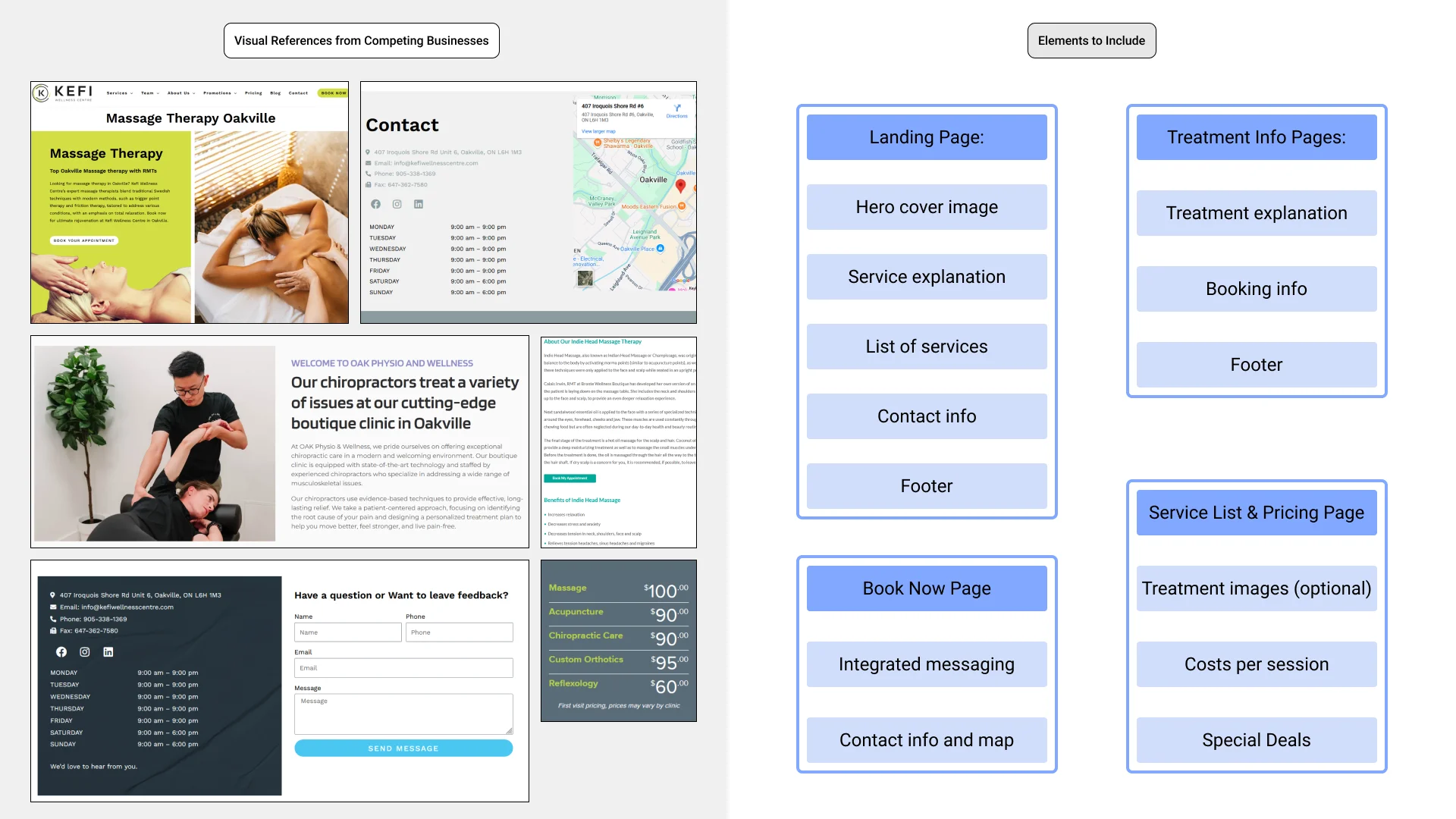 Image with various visual design inspiration from other similar businesses. And potential elements to include on website.