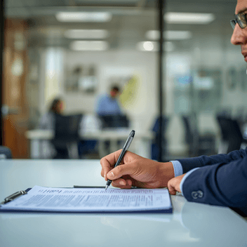Eine Person unterschreibt ein Dokument an einem hellen Schreibtisch, im Hintergrund unscharf ein Büro, natürliches Licht, dokumentarische Editorial-Fotografie.