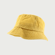 Close-up of a textured yellow bucket hat with a short brim. The hat appears new with a neutral background.