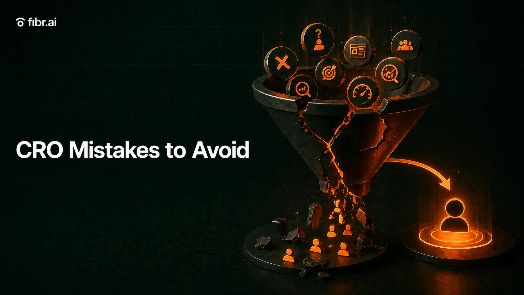 CRO mistakes visualization showing a broken conversion funnel leaking users, with highlighted errors disrupting the journey and a guided path toward optimized user conversion.