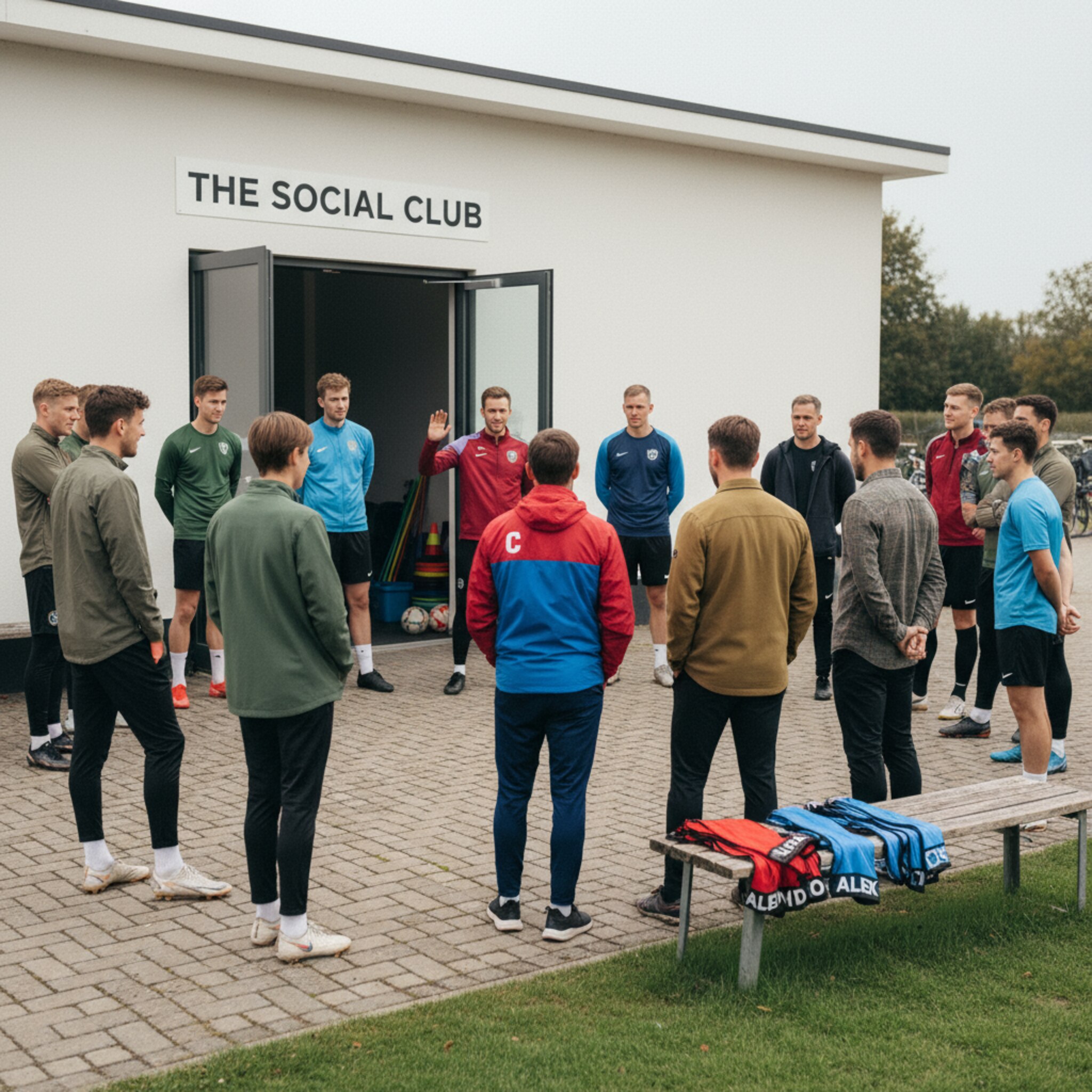 Vor dem Clubhaus bilden Spielerinnen und Spieler einen kleinen Kreis. Unterschiedliche Altersklassen stehen gemischt, ein Kapitän hebt kurz die Hand für ein gemeinsames Training. Trikots und Trainingsjacken bringen Farbe in die Szene. Auf der Bank liegen Namensleibchen bereit, die Stimmung ist offen und zugewandt.