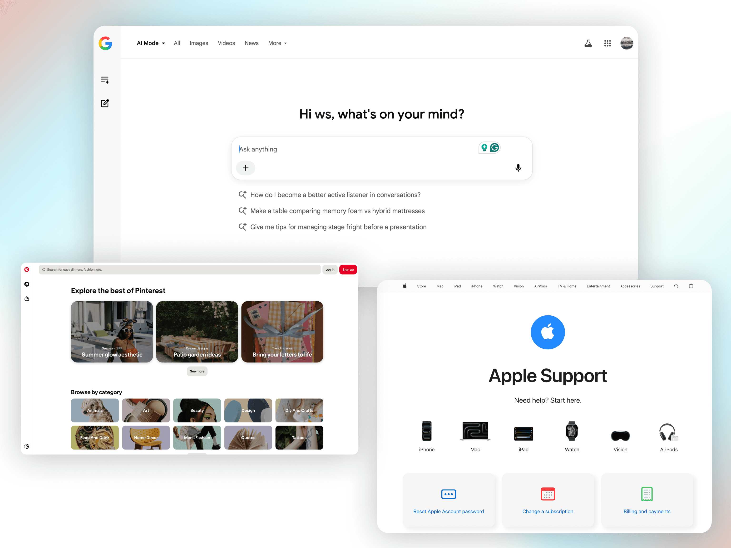 A compilation of three user interfaces showing examples of intent-first interfaces and the new era of UX design, featuring a Google search AI mode prompt, the Pinterest home feed, and the Apple Support device help menu.