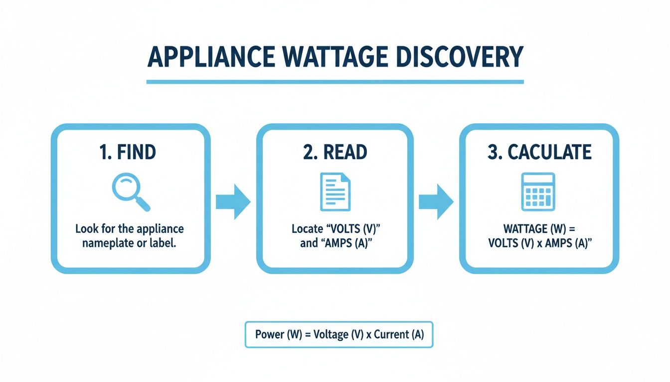 An infographic showing three steps to calculate appliance wattage: find label, read volts and amps, and calculate.