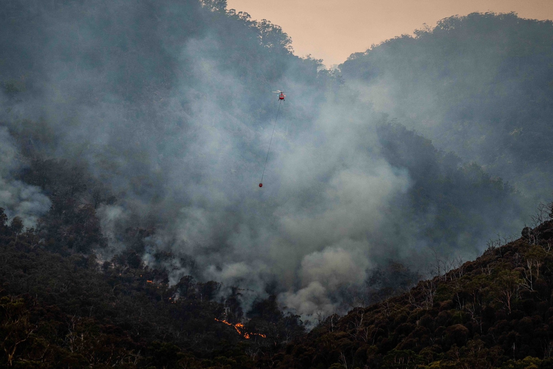 Aerial view of a wildfire with smoke and flames in a forest, illustrating the fire resistance of Strawtown straw panels