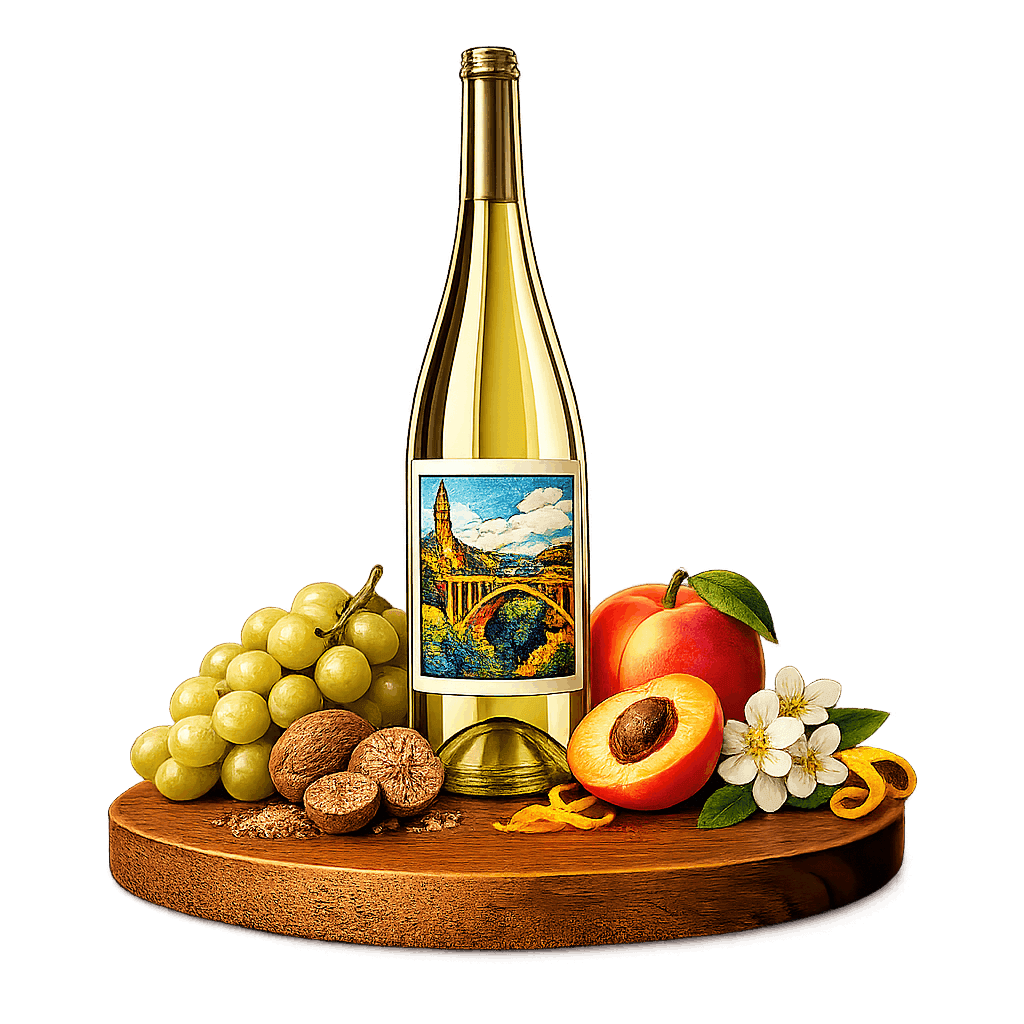 Artistic label and flavor profile for Luxembourg Rivaner on a rustic wooden table.