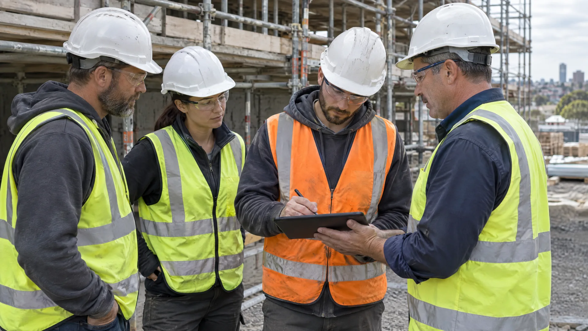 Site supervisor reviewing a safe work method statement (SWMS) on a tablet with three workers before scaffold work