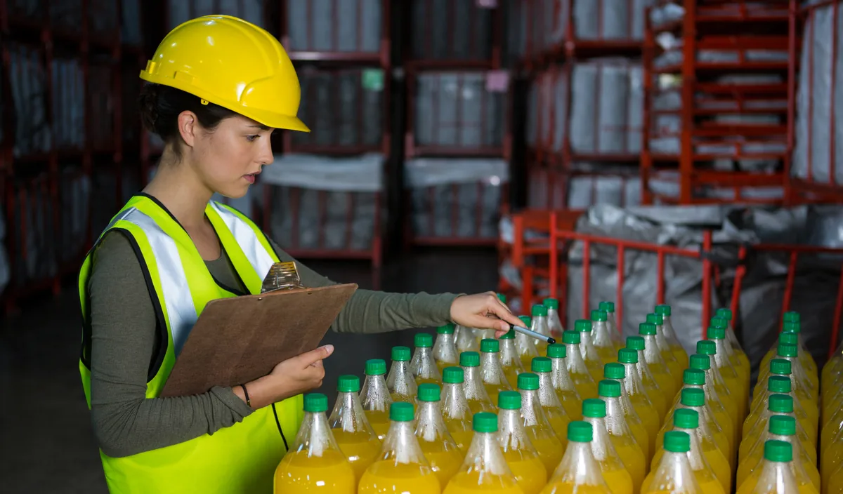 Worker in a hard hat checking rows of filled juice bottles against a clipboard
