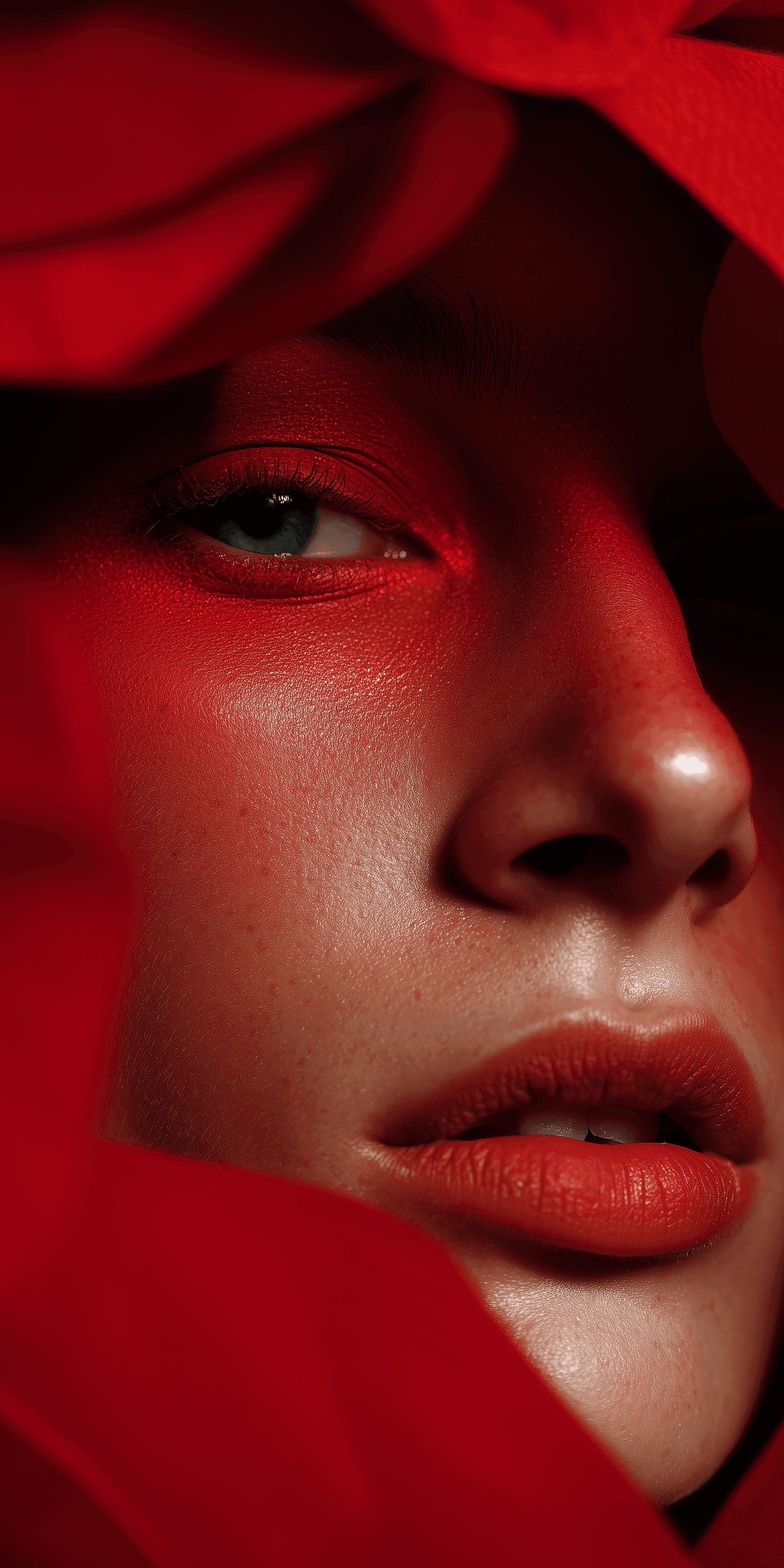 Portrait lit in deep red, focusing on cheek and eye detail